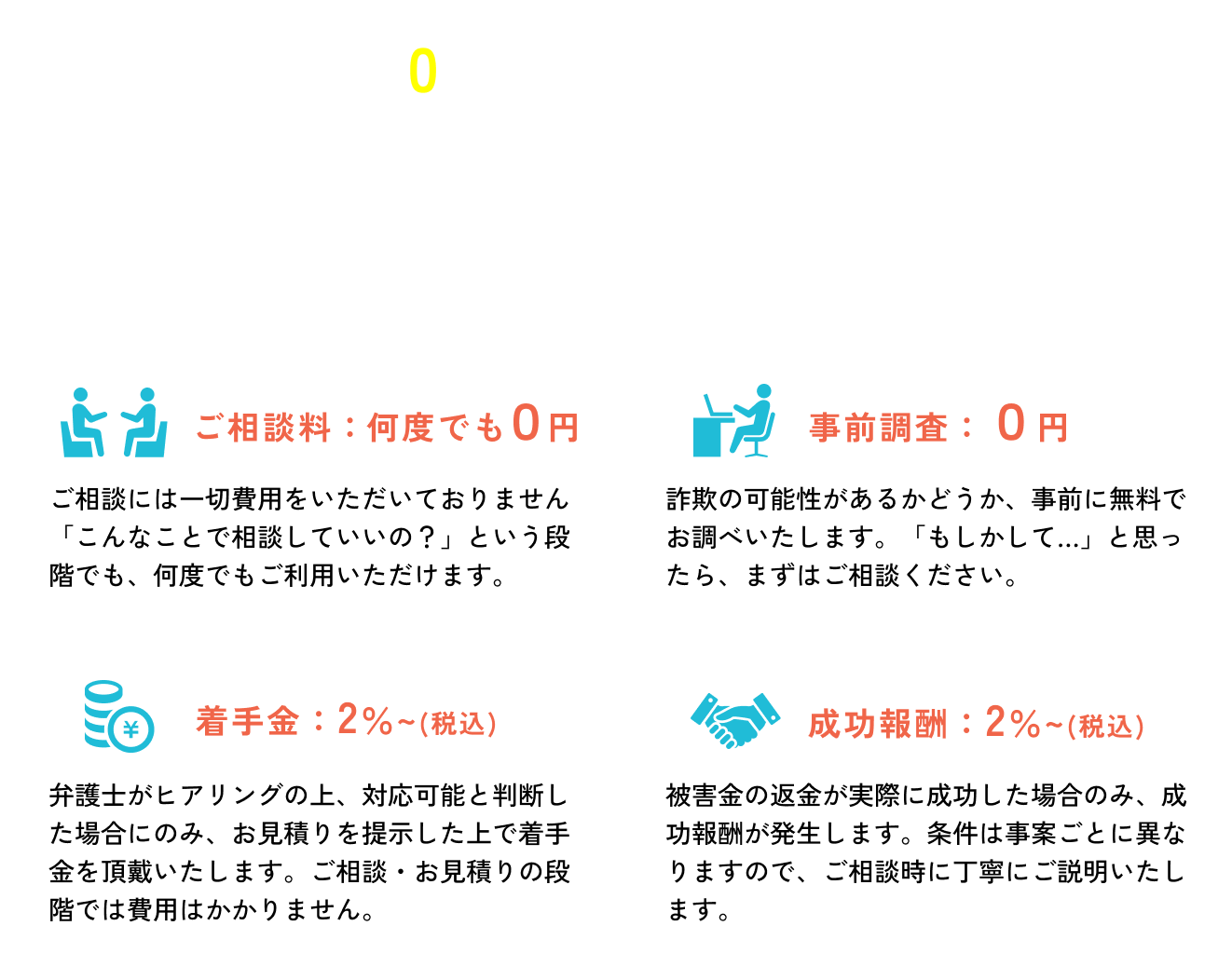 相談・調査は0円。ご依頼後も明朗な料金設定です。